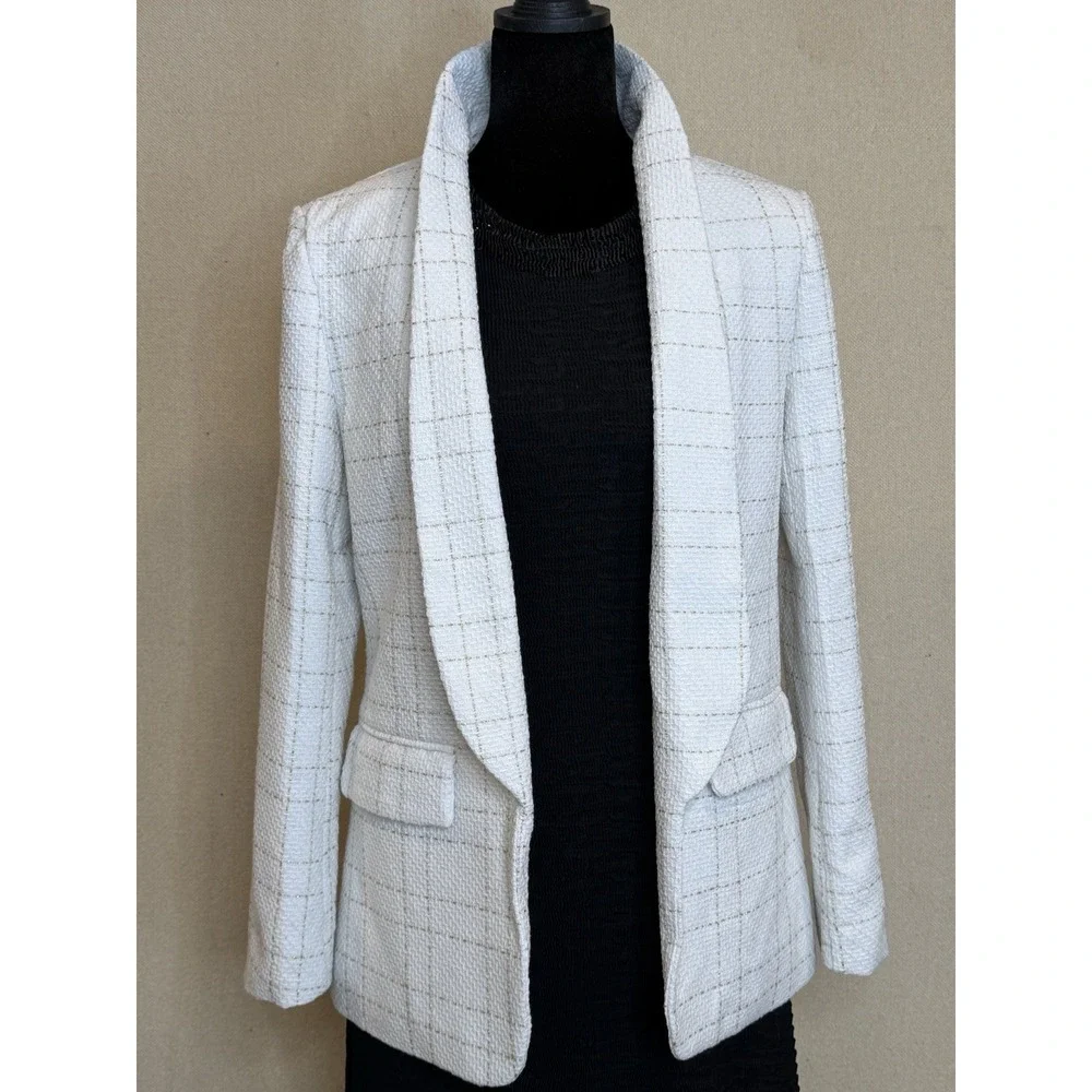 Y2K Classic Lapel Neck Tweed Blazer Size M Ivory/Off White Gold Accent Shein EUC
